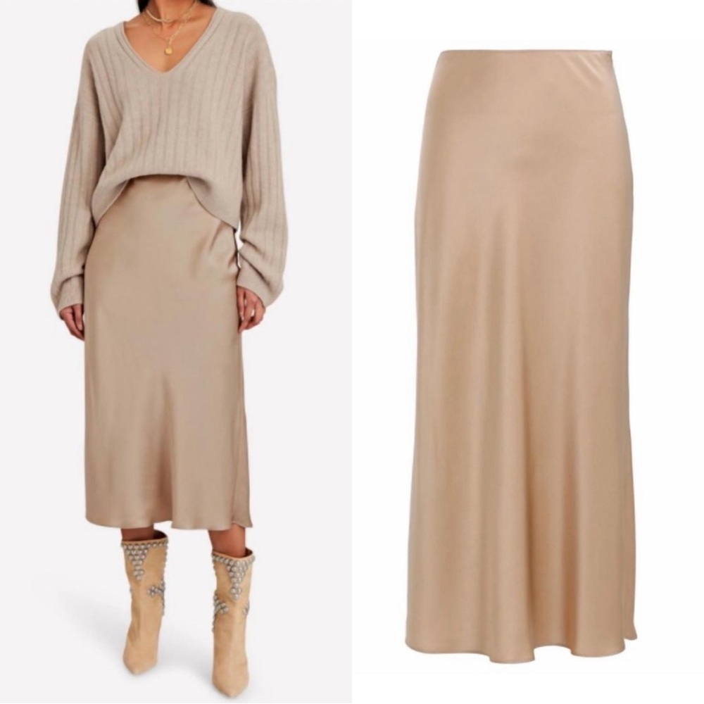 Sablyn Silk Slip On A-Line Midi Skirt Size Large Neutral Beige